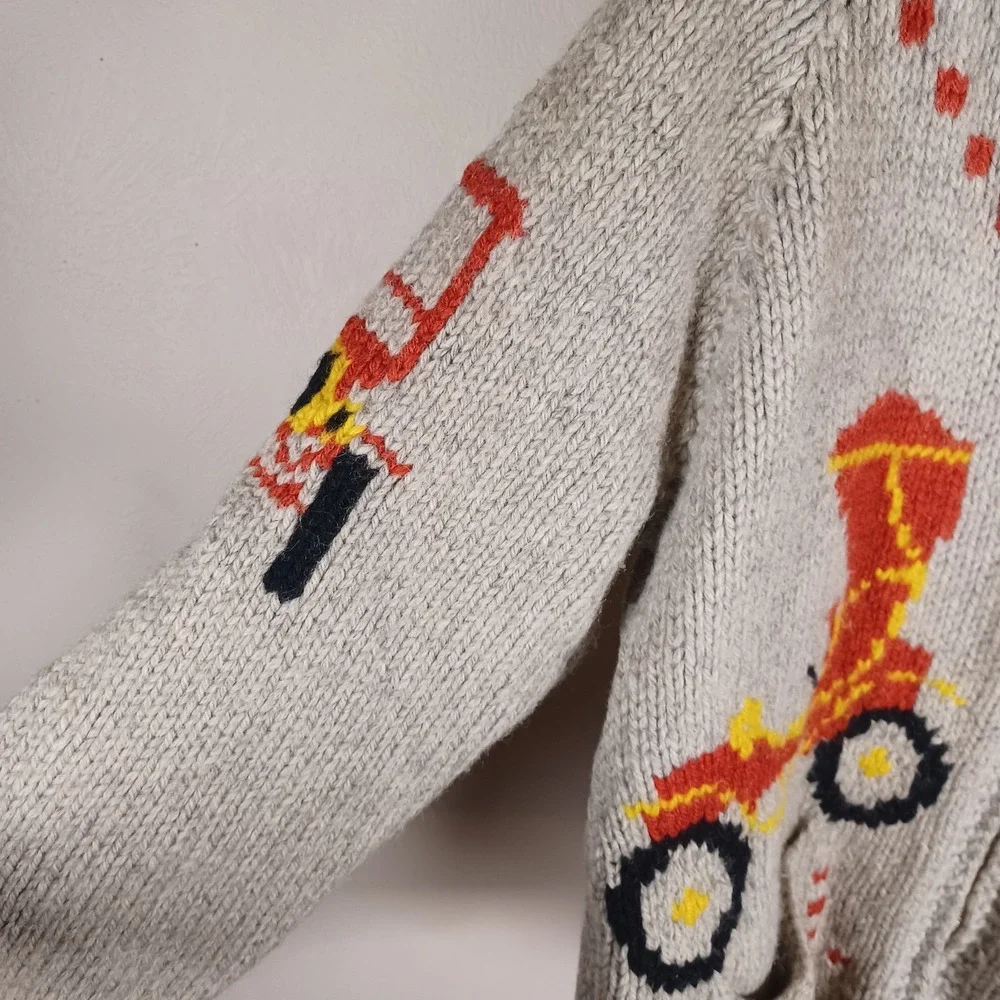 Vintage Handmade Cowichan Mid Century Woven Wool‎ Sweater Shawl Zip Cars Racing